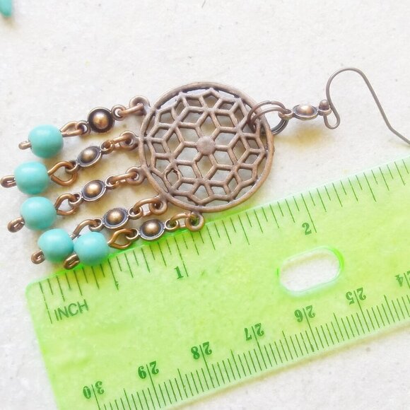 Copper Dreamcatcher Chandelier Earrings + Turquoise Howlite! Southwest Vibes - Picture 6 of 8